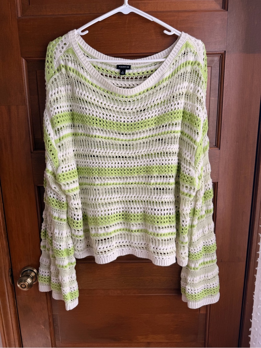 TORRID GREEN AND WHITE CROCHET KNIT BELL SLEEVE SWEATER